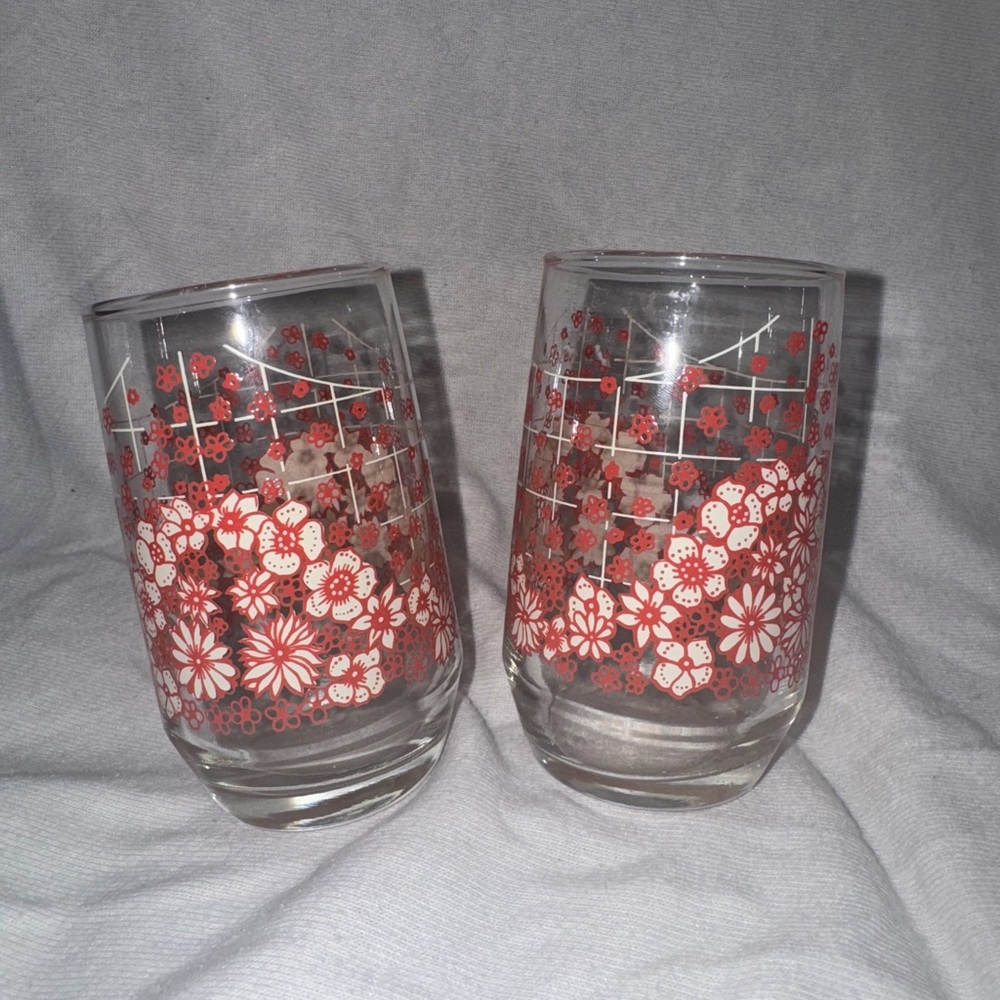 Set of 2 Vintage 70s Mid Century Modern Juice Glasses with Red and White Floral‎